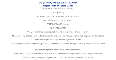 Odpływ liniowy SANITLINE model CERAMIK 80 cm niski syfon 52 mm