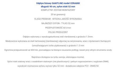 Odpływ liniowy SANITLINE model CERAMIK 90 cm niski syfon 52 mm